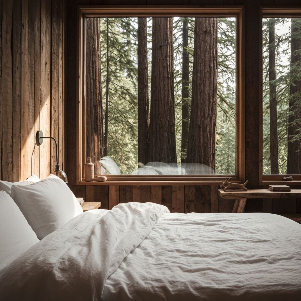Cozy bedroom with views of the redwood forest