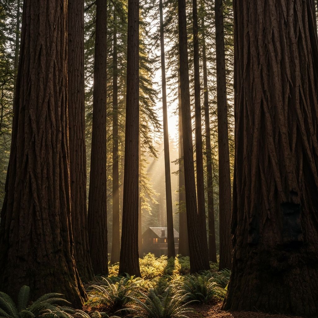 Misty morning light filtering through towering redwood trees