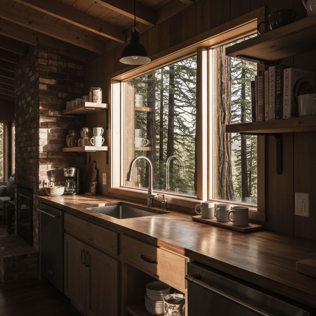 Rustic modern kitchen with forest views
