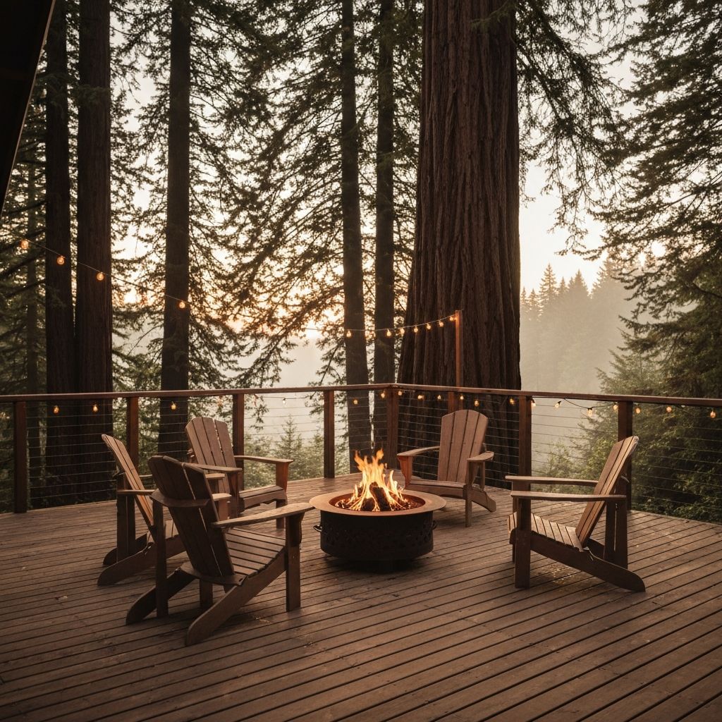 Outdoor deck with fire pit surrounded by redwoods